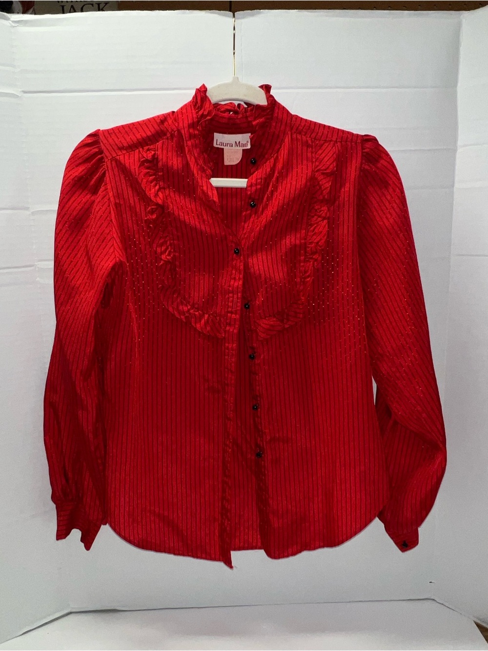 Vintage Laura Mae Red Ruffled Button-Up Blouse Stripe Texture